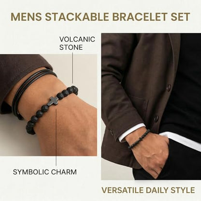 Flybar Men's 4 Piece Beaded Bracelet Set, Natural Lava Stone Black Onyx Matte Agate Tiger Eye, Stretchable Elastic Handmade Stackable - color: CD01 Tiger Eye Cross