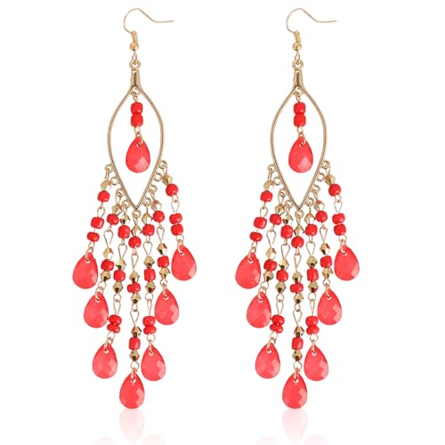 Boho Chandelier Earrings, Beaded Tasse Dangle Earring for Women, Red, Black, Blue, White, Colorful Long Earrings - color: Red