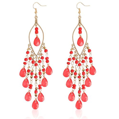 Boho Chandelier Earrings, Beaded Tasse Dangle Earring for Women, Red, Black, Blue, White, Colorful Long Earrings - color: Red