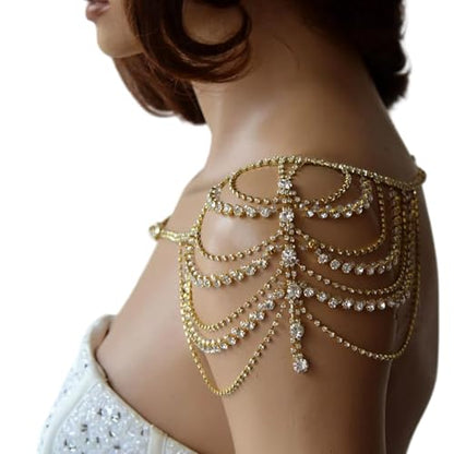 Sexy Multi-layered Rhinestone Tassel Shoulder Chain Jewelry Gold Crystal Body Chain Festival Rave Wedding Shoulder Jewelry for Women Festival Outfit