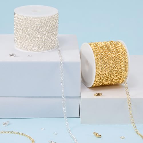 Kyutong 2 Rolls Gold and Silver Extender Chains Bulk for Jewelry Making | 3MM Wide Curb Links Stainless Steel Necklace Chains Spool with Lobster Clasps Jump Rings Jewelry Supplies for Crafts DIY - color: Curb Chain