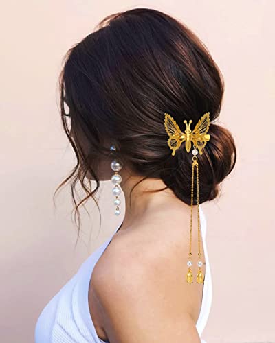 DEEKA Moving Tassel Butterfly Hair Clips 4 PCS 3D Metal Gold Moving Wings Butterfly Hairpins Bride Wedding Hair Accessories Barrette for Women and Girls -Gold - color: Gold with Tassel