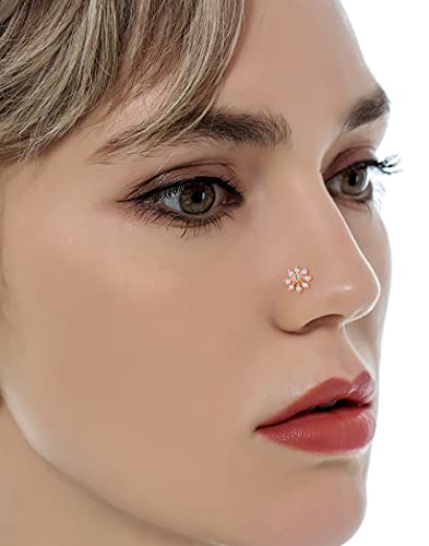 9Pcs Nose Rings Stud L Bone Screw Shaped Nose Ring Flower CZ Snowflake Butterfly Screw Nose Stud Body Piercing Jewelry for Women Men 20G Silver Gold Rose Gold Tone - color: C:Rose Gold Tone