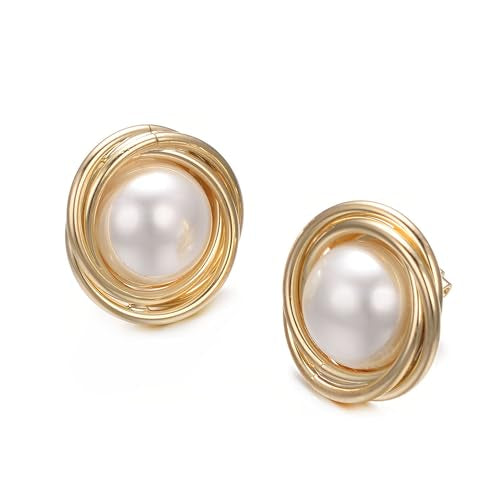 Yoursfs Faux Pearl Clip On Earrings For Women 18K Gold Plated Button Ear Clips - style: Large Pearl Gold Clip On Earrings