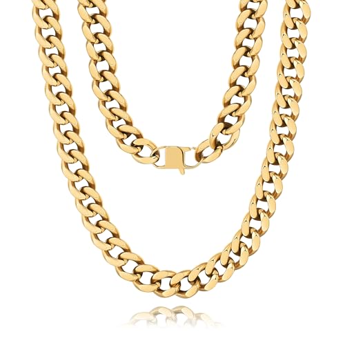 NOKMIT Chunky Cuban Link Curb Chain Necklace for Women Men Dainty 18K Gold Silver Tone Choker Thick Trendy Statement Diamond Cut Punk Hip Hop Cuban Chain Jewelry Gifts Unisex Size 5mm/9mm/13mm/16mm - color: 13mm-Gold, size: 18inches