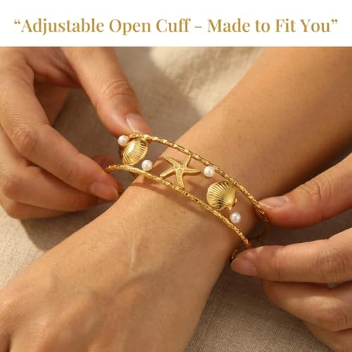 Starfish Open Cuff Bracelet for Women – 18K Gold Plated Stainless Steel, Adjustable Ocean-Inspired Arm Cuff, Waterproof, Hypoallergenic Beach Jewelry Gift - color: Starfish-Seashell 4