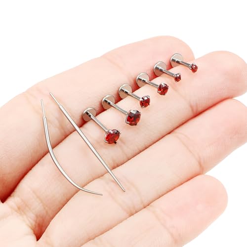 F136 Titanium 20/18/16G Earrings Nose Lip Rings Medusa Tragus Cartilage Helix Labret Flat Back Threadless Implant Grade Stud Piercing Jewelry for Women - color: Red CZ, size: 18g*6/7/8mm*2/3/4mm