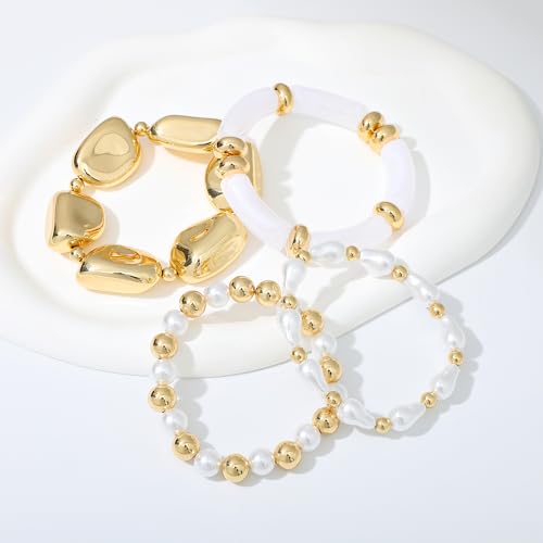 GOOJIDS Simple Beaded Gold Plated Bangles Bracelet Chunky Bamboo Tube Curved Stacking Clear Acrylic Colorful Beads Stretchable Gold Plated Bracelets Set For Women - color: T Chunky Gold Beads Set