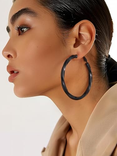 FindChic Twisted Hoop Earrings for Women, Silver/Black/14K Gold Plated Hypoallergenic Hollow Tube Rounded Loop Earrings, 30mm/40mm/60mm/80mm Hoops with Custom Name Options and Gift Box - color: a.Black, size: 60MM