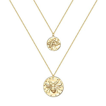 Turandoss Gold Layered Necklaces for Women - 14K Gold Plated Handmade Multilayer Bar Pearls Coin Disc Moon Butterfly Medallion Adjustable Dainty Layered Choker Necklaces for Women Jewelry - style: 2PCS - Small Bee&Big Bee