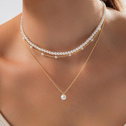 OGD Gold Pearl Necklace Set for Women 14K Plated Layered Daisy Choker Gift - color: 3PCS-Gold
