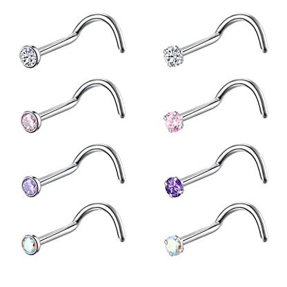 8PCS G23 Titanium Twist Screw Nose Studs 18G 20G Nose Rings 2mm 2.5mm 3mm Clear Pink Purple Aurora CZ Gold Nose Piercing Studs Nostril for Women Men - style: 20g silver mix-color cz 2mm