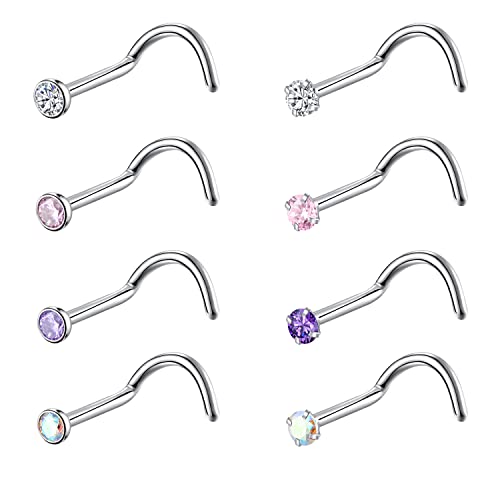 8PCS G23 Titanium Twist Screw Nose Studs 18G 20G Nose Rings 2mm 2.5mm 3mm Clear Pink Purple Aurora CZ Gold Nose Piercing Studs Nostril for Women Men - style: 20g silver mix-color cz 2mm