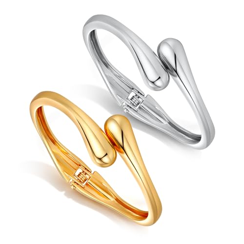 Chunky Gold Bangle Bracelets for Women Trendy 14K Gold Plated Cuff Bracelets Stack, Dainty Gold Bracelet Sets Non Tarnish Fashion Jewelry Gift - style: Gold-Silver-2pc-003