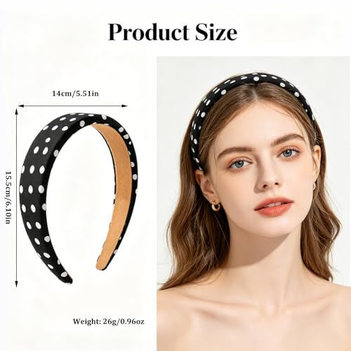 Padded Headband for Women, Polka Dot Wide Headbands, Thick Sponge Hair Bands, Non-Slip Fashion Hair Accessories for Daily Wear, Party, 2 Pack (Black & White)