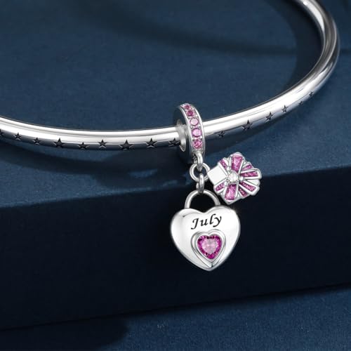 HappyStar 925 Sterling Silver Happy Birthday Bead Charm Love Heart Shape Birthstone Charms for Bracelets Dangle Pendant with 5A Cubic Zirconia Compatible Pandora Bracelets Jewelry Gift for Women - color: 7-July Birthstone Charms