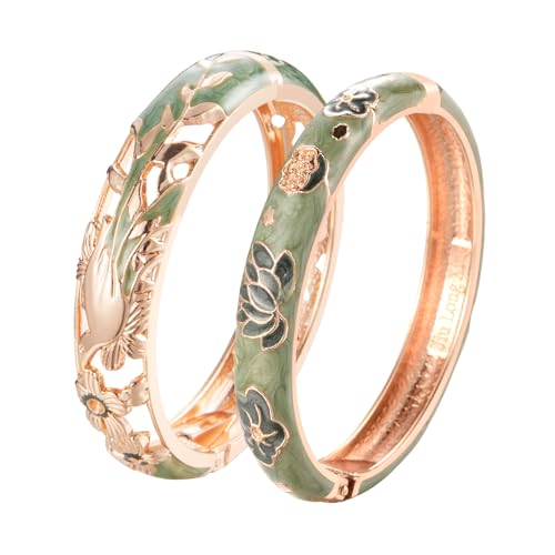 UJOY Cloisonne Bracelet Lotus Flower Plated Cuff Bangle Enameled Jewelry Bracelets Gift for Women Pack in Case 88B16 - color: A31-2 Pcs Set-Green