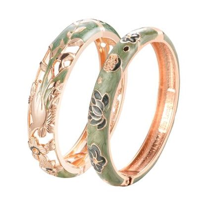 UJOY Cloisonne Bracelet Lotus Flower Plated Cuff Bangle Enameled Jewelry Bracelets Gift for Women Pack in Case 88B16 - color: A31-2 Pcs Set-Green
