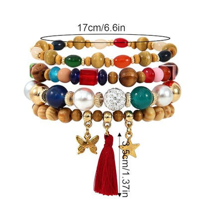yfstyle Bohemian Stackable Beaded Bracelets for Women Boho Beads Bracelets with Star Butterfly Tassels Retro Stretch Wooden Beaded Bracelets Set Preppy Surfer Heishi Bracelets for Summer Vacation