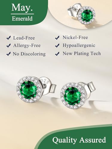 Suplight 925 Sterling Silver Birthstone Stud Earrings for Women, Round/Heart/Teardrop/Square Crystal Diamond Earrings for Women, Dainty Birthday Gifts Jewelry - color: style a-05. round-May(Created Emerald)