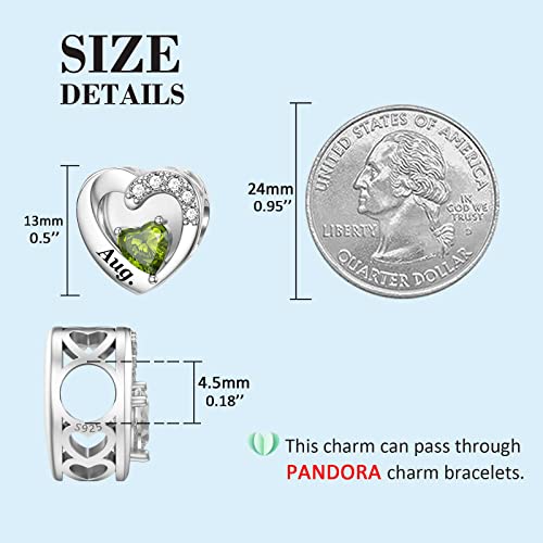 SEVENWELL Jan-Dec Birthstone Charms for Pandora Bracelets, Heart Charm | Fits Most European Charm Bracelets, Sparkling Heart CZ, Birth Flower Engraved, Gift Ready, Nickel-Free - color: August Birthstone Charm