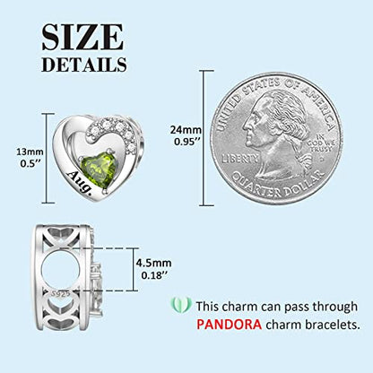 SEVENWELL Jan-Dec Birthstone Charms for Pandora Bracelets, Heart Charm | Fits Most European Charm Bracelets, Sparkling Heart CZ, Birth Flower Engraved, Gift Ready, Nickel-Free - color: August Birthstone Charm