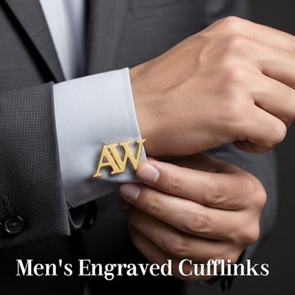 Custom Men’s Cufflinks - Personalized Cuff Links Initials/Names/Dates - 18K Gold Plated 304 Stainless Steel - Ideal Father’s Day & Christmas Gift for Men - style: Square Cufflinks