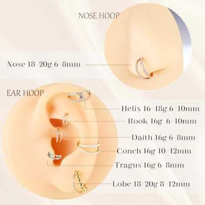 AROWRO Conch Piercing Jewelry Nose Rings Hoops Septum Cartilage Helix Rook | Surgical Steel Gold Silver Cartilage Earrings for Women Tragus Helix Piercing Jewelry 16G 18G 20G With Cubic Zirconia Opal - color: Gold-D3 Opal, size: 16G(1.2mm)-8mm