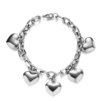 Stainless Steel Heart Charms Bracelet for Women | Chain Tassel, Love Charms, Chunky Link, Romantic Gift - color: Silver