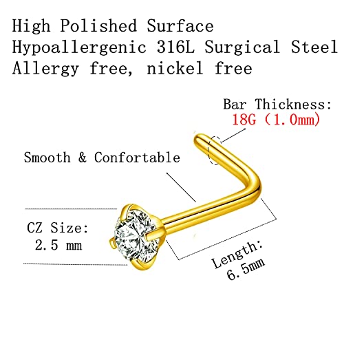 316L Surgical Steel 22g/20g/18g Nose Rings Studs L-Shape Nose Nostrial Piercing Body Jewerly L Shaped Nose Studs 1.5mm 2mm 2.5mm 3mm CZ Nose Screw Studs Rings for Women - style: 6pcs/L-shape/18g/2.5mm Clear CZ/Gold