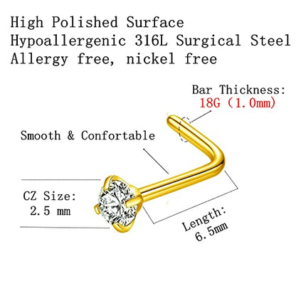 316L Surgical Steel 22g/20g/18g Nose Rings Studs L-Shape Nose Nostrial Piercing Body Jewerly L Shaped Nose Studs 1.5mm 2mm 2.5mm 3mm CZ Nose Screw Studs Rings for Women - style: 6pcs/L-shape/18g/2.5mm Clear CZ/Gold