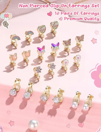 THUNARAZ 10Pairs Clip On Earrings for Women Lightweight Non Pierced Set | Hypoallergenic Gold Stud Earrings,Fake Earrings Set,Cute Pearl CZ Flower Cat Heart,Secure Clip Fit,Extra Soft Silicone Pads - style: goldB