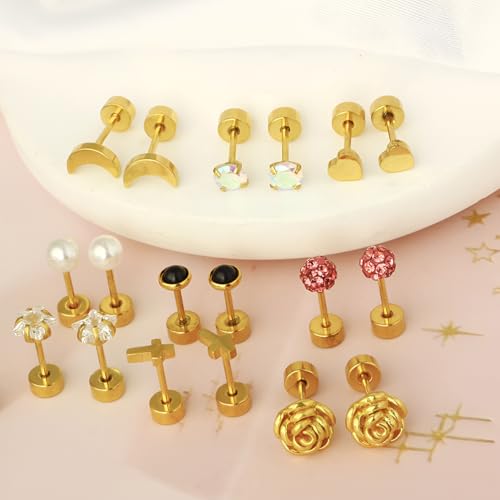 Stainless Steel Stud Earring 1 Pair Gold Flatback Earrings Hypoallergenic Screwback Jewellery Flat Back Helix Jewelry for Sensitive Ears Women Ladies Aretes De Mujer - style: Zircon 2 mm