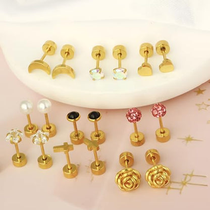 Stainless Steel Stud Earring 1 Pair Gold Flatback Earrings Hypoallergenic Screwback Jewellery Flat Back Helix Jewelry for Sensitive Ears Women Ladies Aretes De Mujer - style: Zircon 2 mm