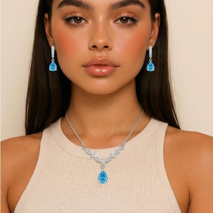 Platinum Plated Cubic Zirconia Teardrop Pendant Necklace Dangle Earrings Set, Silver Jewelry Set for Women,Wedding Jewelry Set for Bride,Bridesmaid Jewelry Gift, Gift for Valentine's Day, Birthday - color: Blue