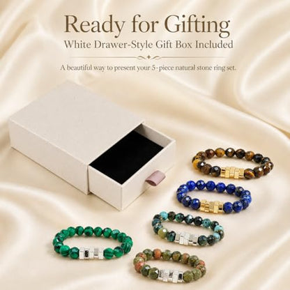 5Pcs Square Accent Natural Stone Beaded Ring Set for Women, Handmade Faceted Stackable Stretch Rings, Boho Gemstone Gift