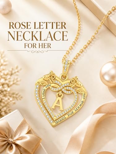 14K Gold Initial Letter Rose Heart Pendant Necklace for Women, Anniversary Birthday Jewelry Gifts for Wife Mom Grandma Sister Daughter, I Love You for Always And Forever - style: 14K Gold-A