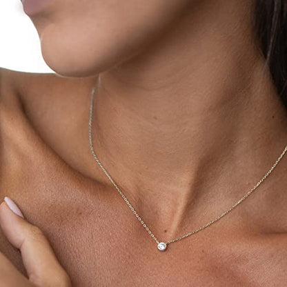 Tewiky Dainty 14k Gold Plated/Silver Cubic Zirconia Necklaces for Women, Simple CZ Jewelry Necklaces Trendy Gifts - color: Silver Bezel CZ