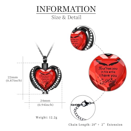 shajwo Cremation Heart Urn Necklace Ashes Jewelry for Women Men Keepsake Pendant Memorial Locket Ash Holder - color: Wing-G Red