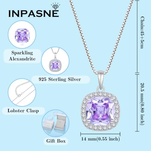 Birthstone Necklace for Women 925 Sterling Silver Princess Cut Halo Necklace Pendant Jewelry for Mom Wife - color: Lavender
