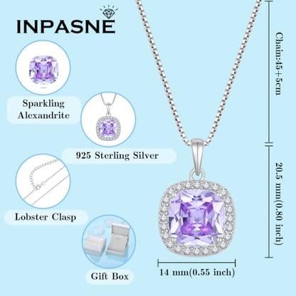 Birthstone Necklace for Women 925 Sterling Silver Princess Cut Halo Necklace Pendant Jewelry for Mom Wife - color: Lavender