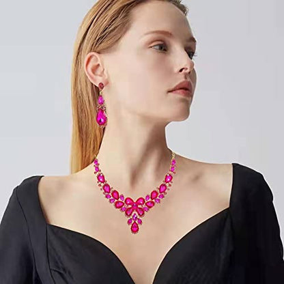 Women's Wedding Bridal Austrian Crystal Glass Teardrop Statement Necklace Dangle Earrings Bracelet Ring Wedding Party Jewelry Set for Bridal Bridesmaid - color: Pink-Gold Plated