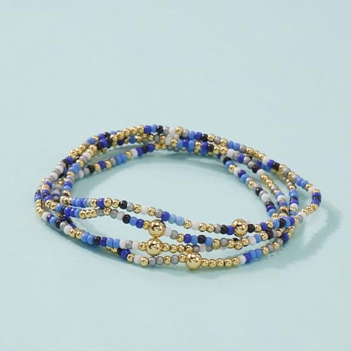 Seed Beaded Stack Bracelets Set for Women,Small Boho 4Pcs Colorful Handmade Dainty Trendy Gold Stretch Accessories Jewelry, Summer Daily Party Friendship Gift - color: Royal Blue