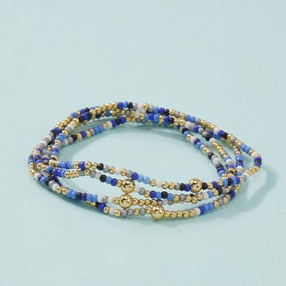 Seed Beaded Stack Bracelets Set for Women,Small Boho 4Pcs Colorful Handmade Dainty Trendy Gold Stretch Accessories Jewelry, Summer Daily Party Friendship Gift - color: Royal Blue