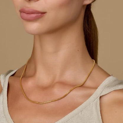 Gold Silver Necklace Chain With Adjustable Lobster Clasp, Diamond Cut Geometric Gold Beads Stationed on Dainty 2mm Cable Box Chain, 16 Inches Rolo Oval Figaro Link Singapore Chain. - color: Gold05
