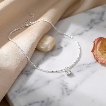 Silver Heart Charm Link Anklet for Women, Adjustable Handmade Cubic Zirconia Stackable Waterproof Summer Beach Chain Anklets Jewelry Accessories Gift - color: Silver CZ