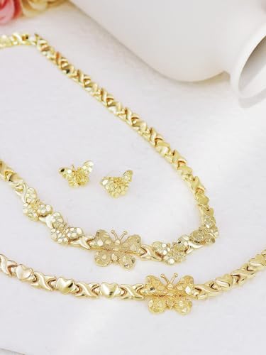 Women's Gold wedding Jewelry Set Tricolor Hugs Kisses Heart necklace set - color: Butterfly heart set