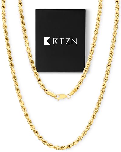RTZN® Gold Rope Chain for Men – 3mm, 4mm Mens Rope Chain – Premium Stainless Steel Necklace for Men & Boys – Non-Tarnish & Waterproof Black, Silver, Gold Mens Chain Necklaces – 18/20/22/24/26" Inches - color: 3mm Gold, size: 26" Inches
