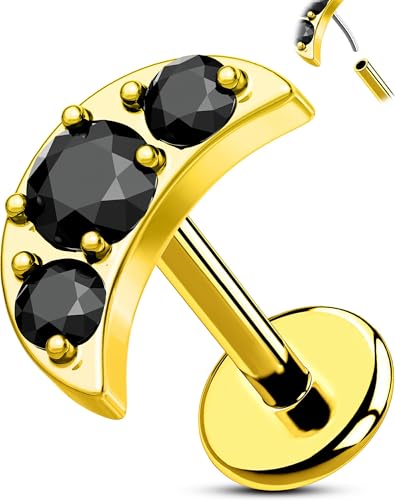OUFER Body Piercing Titanium Flat Back Nose Stud 18G Moon Cartilage Earring Studs 6MM Threadless Helix Tragus Piercing Jewelry for Women Black Lip Piercing Jewelry - color: gold