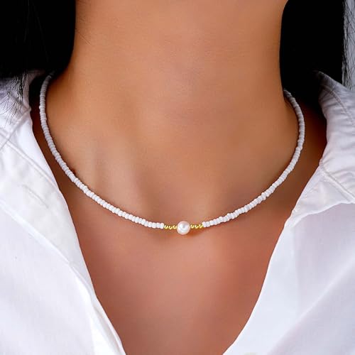 Andelaisi Boho Seed Bead Necklace Vintage Rice Bead Chain Necklace Tiny Ball Chain Choker Single Pearl Collar Hawaiian Beach Collarbone for Women (White)